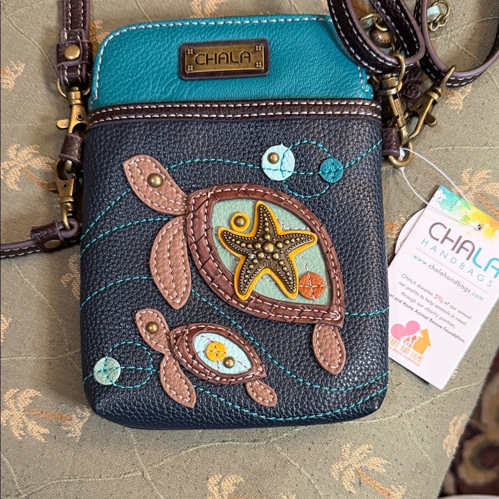 Chala Teal and Brown Leather Crossbody with Turtle Appliqués